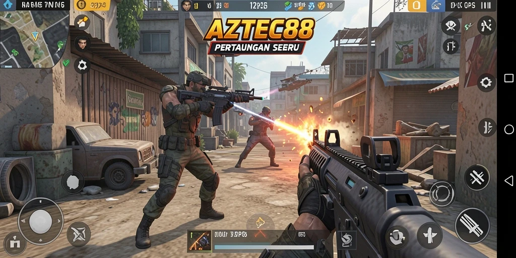 Tampilan gameplay AZTEC88 menunjukkan pertarungan seru dalam mode TPS.