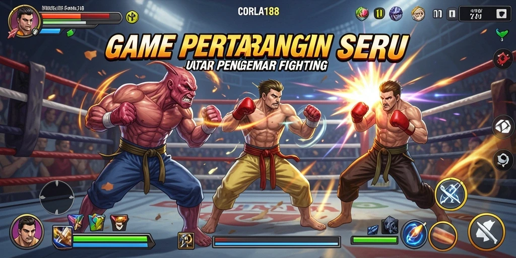 Tampilan seru dari gameplay pertarungan CORLA188 dengan karakter yang beraksi.