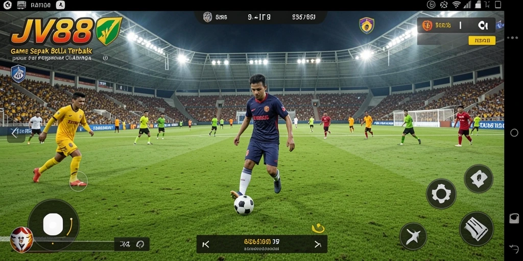 Screenshot gameplay JV88 menampilkan aksi seru di lapangan sepak bola.