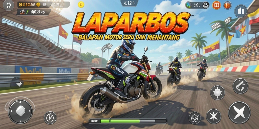 Screenshot utama LAPARBOS menampilkan aksi balapan motor yang mendebarkan.