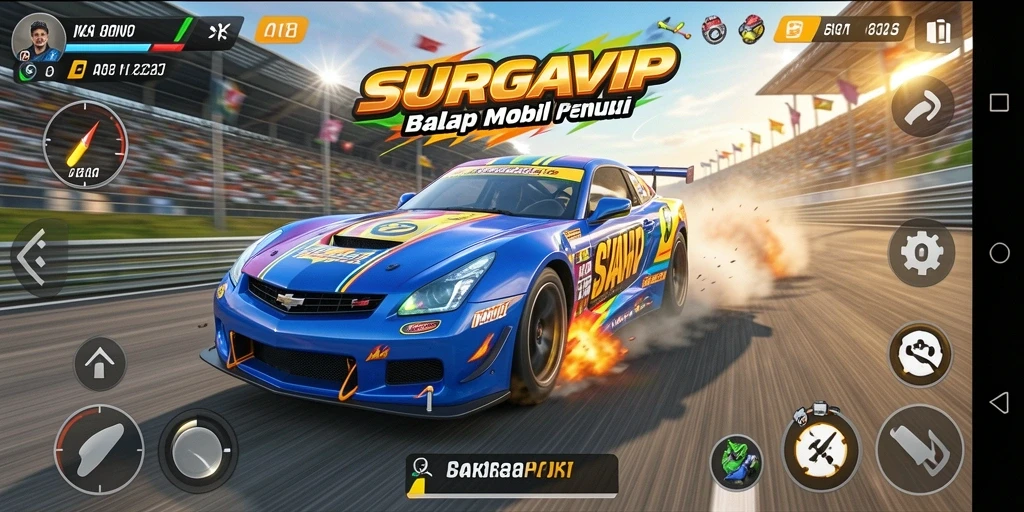 Tampilan gameplay SURGAVIP dengan mobil balap di lintasan.